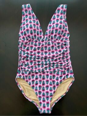 J. Crew  Factory Ruched Plunge One Piece Swimsuit NWT L Pink Floral